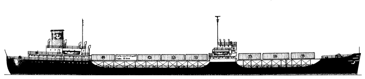 Plan view of the SS Ideal-X showing the tanker converted to carry stacked shipping containers on deck