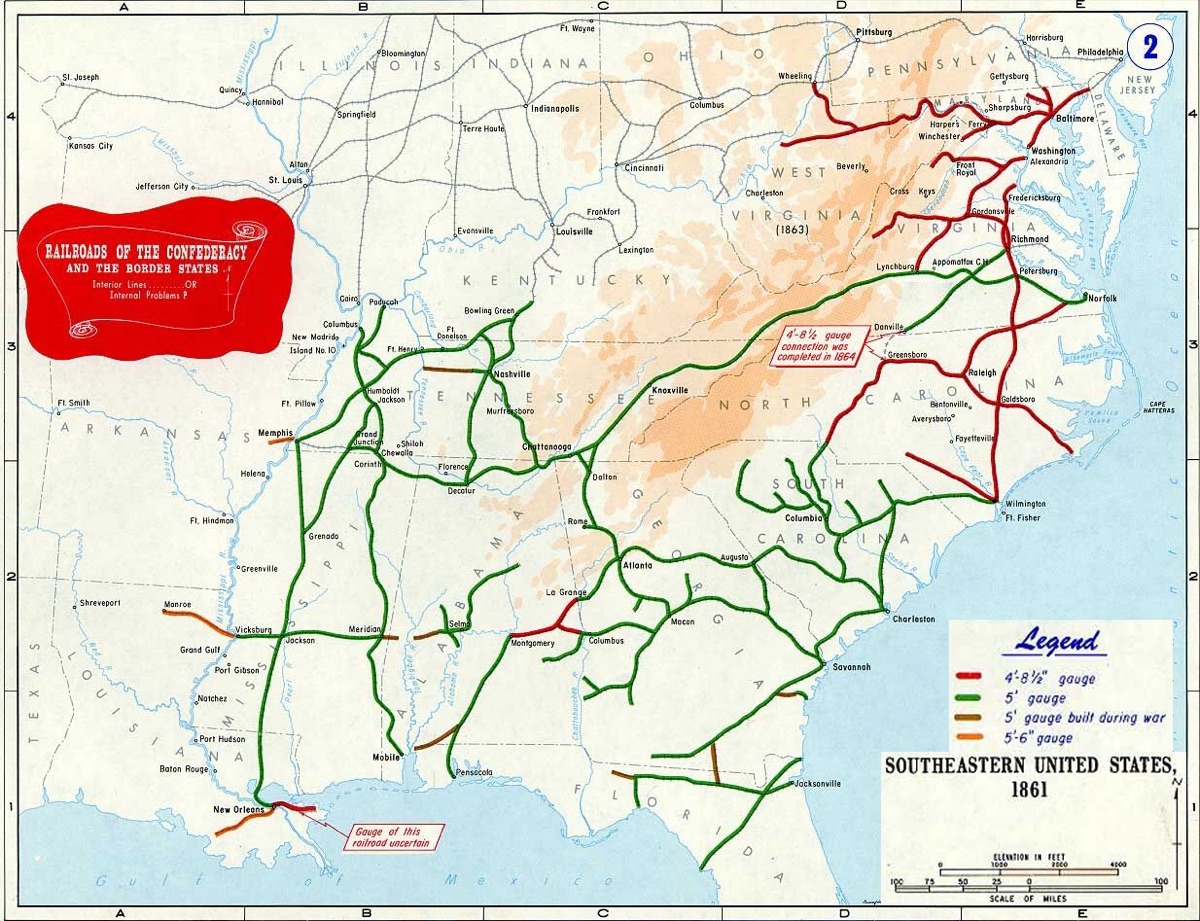 Period map of the railroads of the Confederate states, 1861, showing the 5-foot Southern gauge that was incompatible with Northern lines