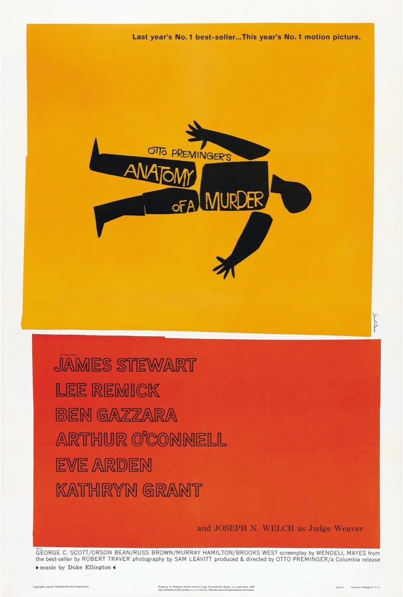 Saul Bass's 1959 theatrical poster for Anatomy of a Murder showing a black cut-up silhouette of a corpse on a warm-yellow field with the title set in tight black sans at the foot
